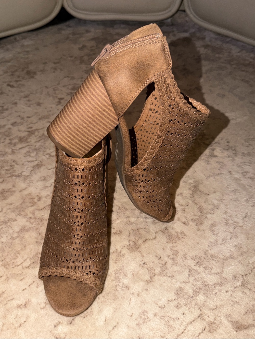 Fergie Open Toe Block Heel Bootie Brown
